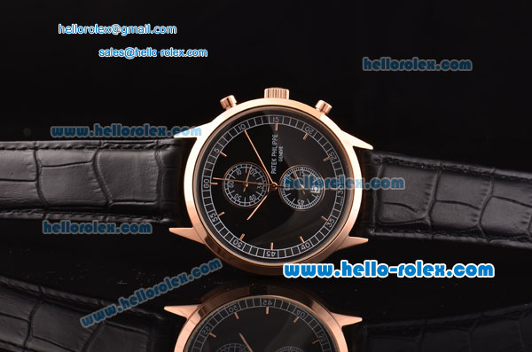 Patek Philippe Grand Complication Chronograph Miyota OS20 Quartz Rose Gold Case with Black Dial and Stick Markers - Click Image to Close